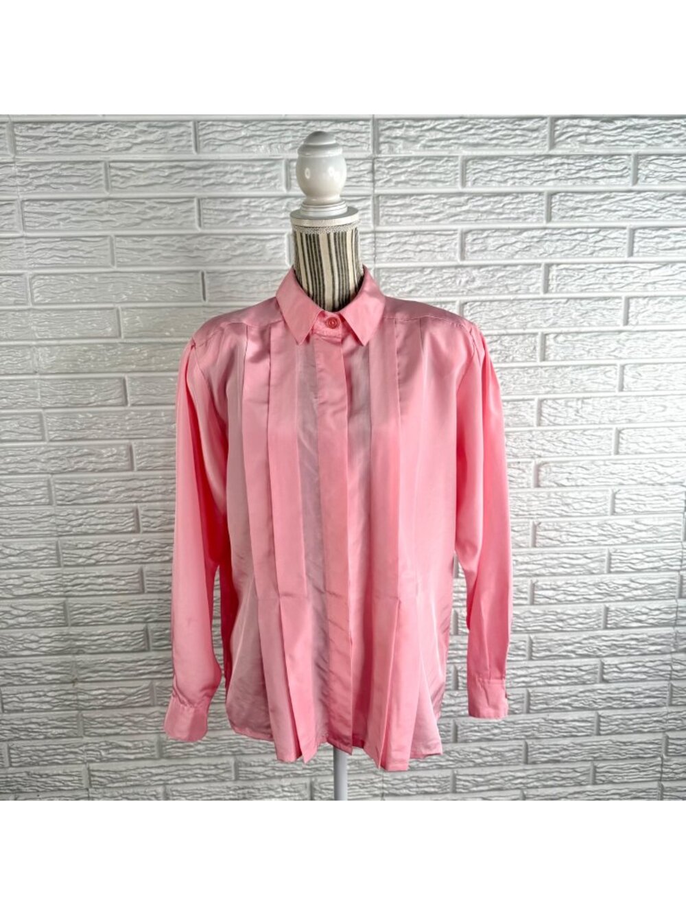 Vintage 80s Shapely Pink Satin Pleated Secretary Button Down Blouse Size 16